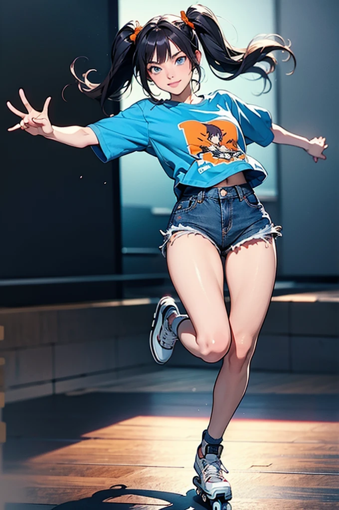 masterpiece、Young beautiful Japan woman、low angles、Cinematic lighting、Wearing black shorts、Wearing a white camisole、Longhair Woman、Acrobatic skateboarding。Staring at the camera