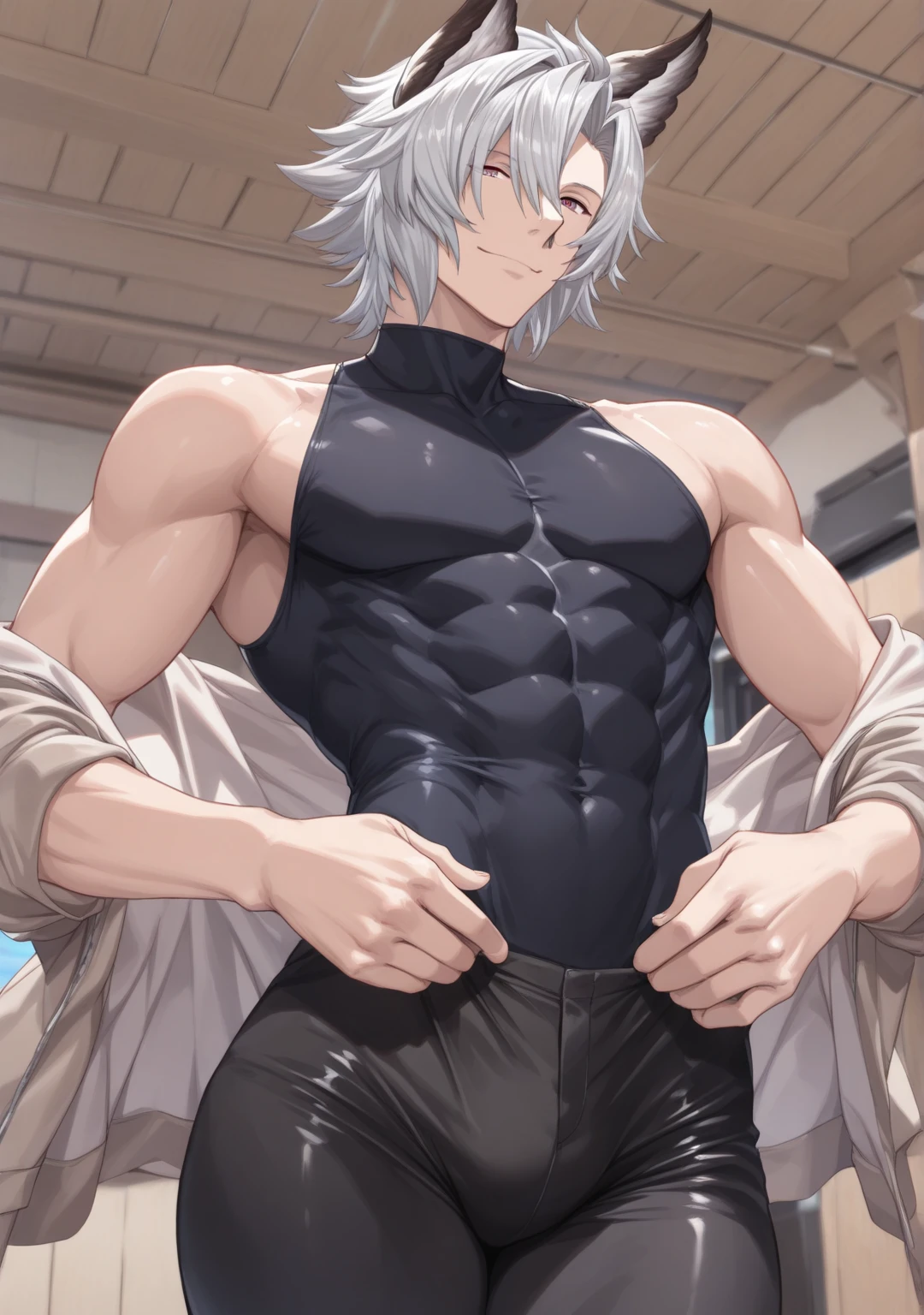 anime - style image of a male with a White hair and a devil's head, muscular!!, muscular! White, Fluffy chest, The handsome guy in Demon Slayer, Detailed anime character art, male anime character, Hajime Yatate, muscular character, gigachad muscular, fit male demon with White horns, muscular!! Science Fiction, lean but muscular