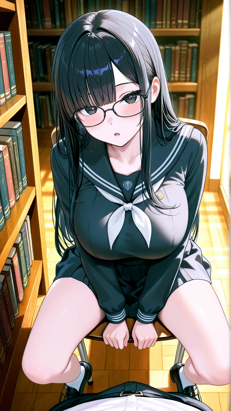 masterpiece, best quality, girl, 10yo, (petite), glasses, black hair, middle hair,
seductive smile, squatting, sailor uniform, (open clothes), (clothes lift), small breasts, nipples, library,