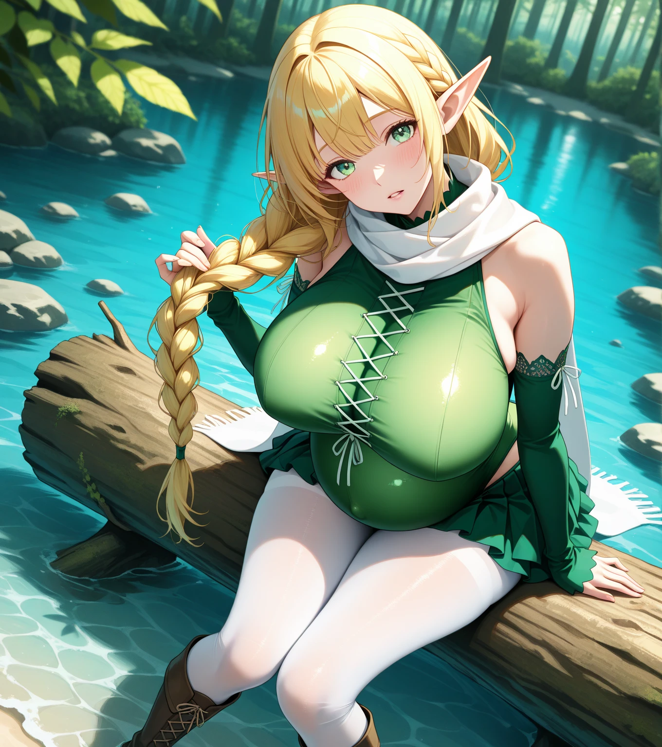((Highest quality)), ((masterpiece)), (detailed), One girl, sexy、Huge breasts that touch the ground、Monstrous Huge Breasts、Bust circumference 200cm、Her breasts are about to overflow from her clothes、forest pond、Elf Married Woman