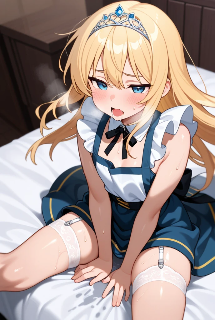 Browsing Caution,(Petite),(crossdresser),((A penis growing between her legs)),blonde low twin tails,lips,Sweat,White breath, large areola,Frontal viewer,bed,