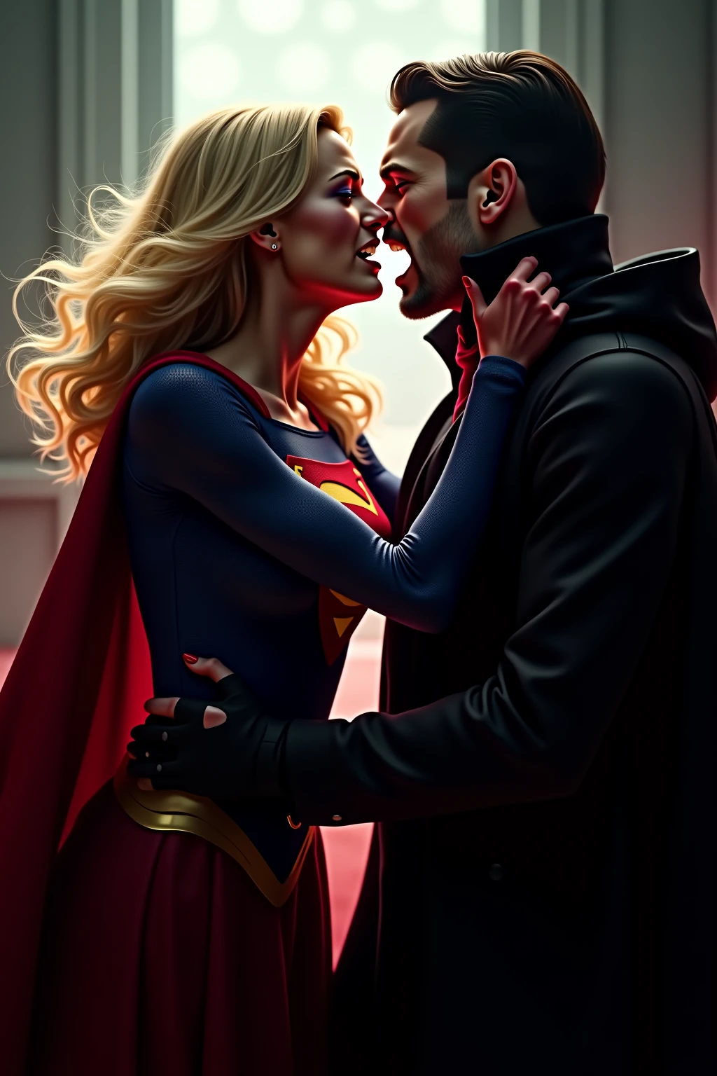 Supergirl is strangled from behind by an evil man, who finds it beautiful, to strangle her.