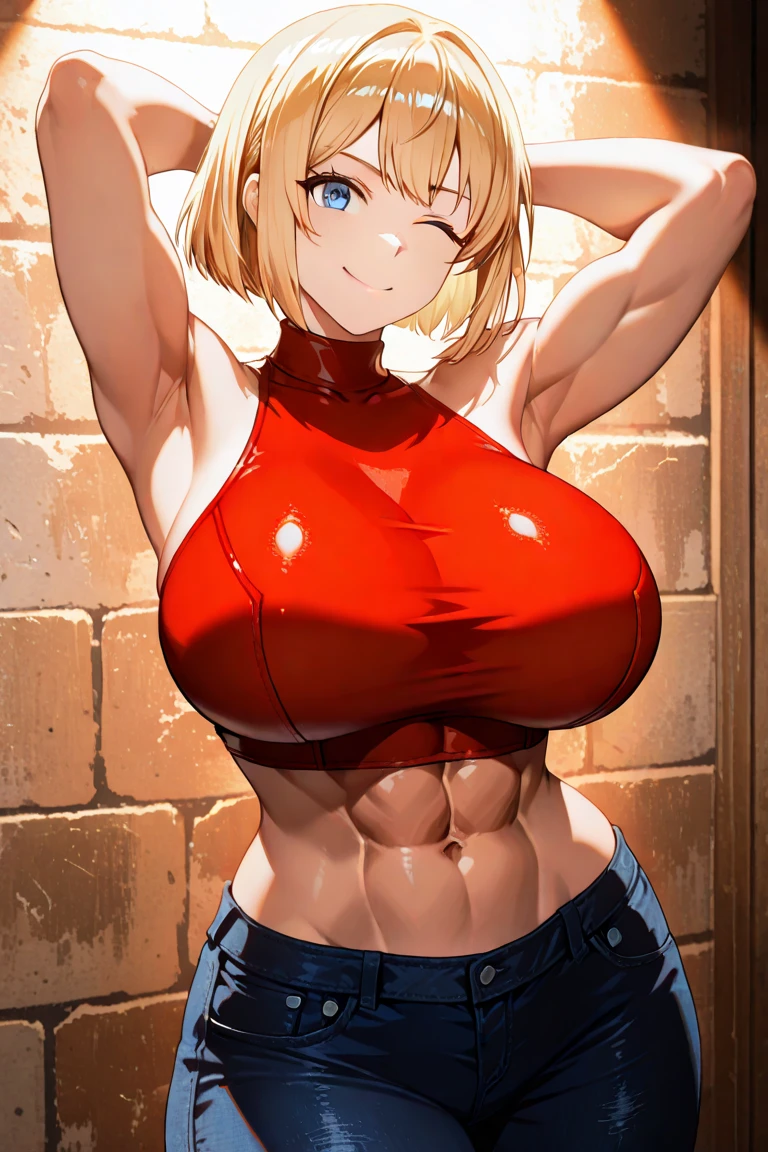 masutepiece++, Best Quality++, ultra-defined++, ultra-defined++,4K++,in 8K++, (Background Focus)++, Highly detailed, Viewer's Perspective、In the street、((((standing split, Highkick,Leg Lift,Standing on one leg))))++++, ((1 milf)), ((((Hi-Res))))++++, (((Denim shorts)))+++, ((((underboob))))++++, ((Red jacket))+ +, ((a belt)) ++, ((choker necklace)), (a blond), (Super shiny hair and skin), (Sunlight), ((Beautiful) ), (Huge breasts_Body: 1.5), (Huge breasts: 1.5), Muscular girl with clearly visible abs and muscles, Sweaty body, cleavage, Dynamism, (Abs cleansing and shaving, Muscle muscle thighs) +, A lively smile, Perfect eyes, Perfect hands, Perfect nose, Magic Battle Dark, Bright atmosphere, (wet effect) +, (light effect), (Cinematic Light) + , (Like a movie of light) + pene saliendole de la entrepierna, punta de los pechos resaltando, trasero mucho más grande, trasero muy muy grande