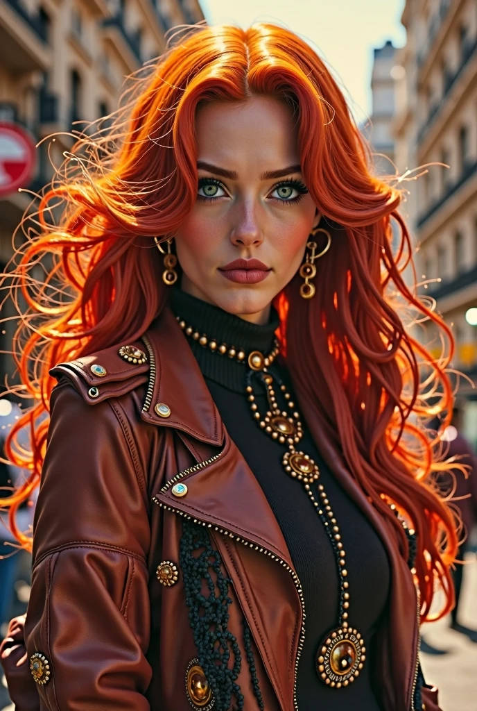 Adult female, wolf ears, golden eyes, tattoos, red clothes, black necklace, long ginger curly hair, very curly, epic reality, 8K HD, surrealism, soft light, wild, sexy, very wild, werewolf, ginger, orange hair