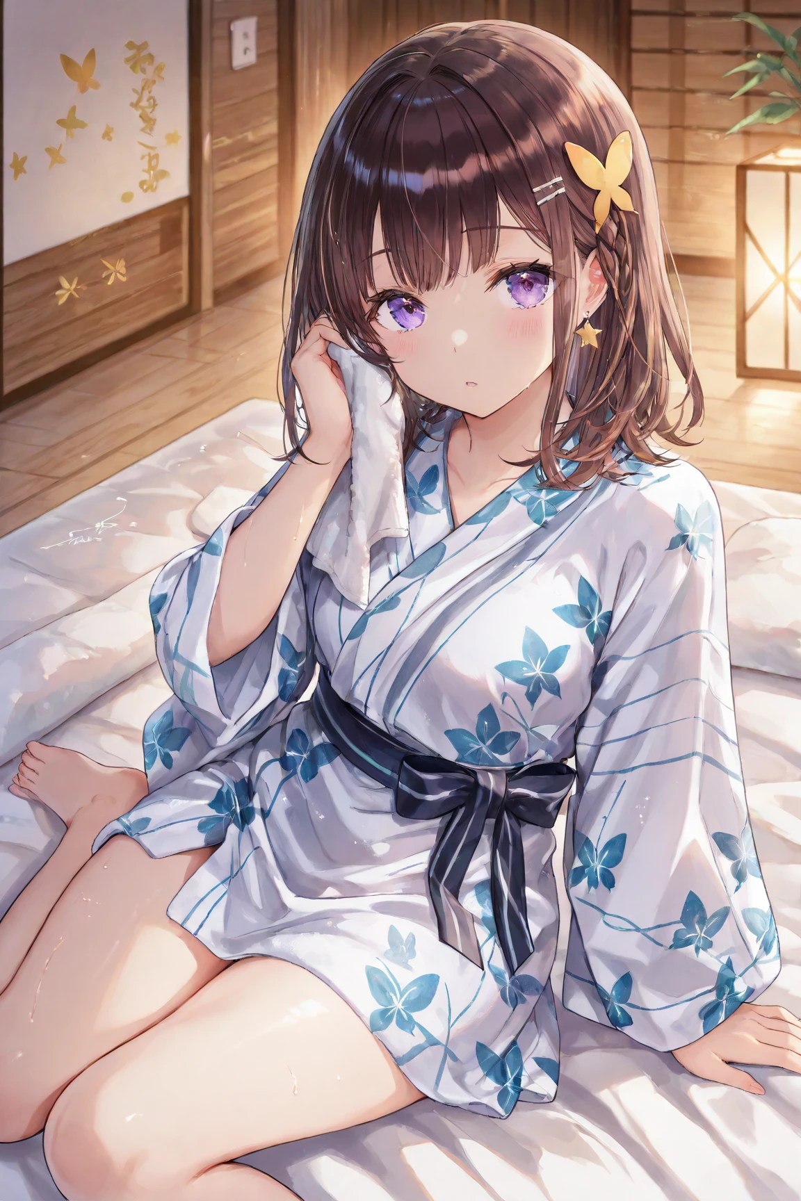 high-level image quality、top-quality、Detailed drawing、Does not blush cheeks、Slender adult beauty、bath robe、swimware、Small eyes、Medium chest、Twin-tailed、Fireworks Festival