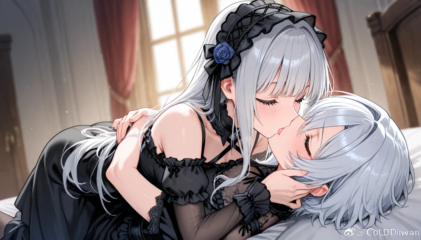 NSFW, Anime - style image of two women in a room with a window, kiss together cutely, kiss together, Kissing each other, lovely kiss, (deep kiss), (open your mouth to each other), (tongue), (intertwine each other's tongues), (saliva), small details. two beautiful anime girls, gray hair, purple eyes, shining eyes, cute, cute, digital art, finelyed eyes, embarrassed look, long hair, blush, (highly detailed 8k wallpaper), highest resolution, very long hair, masterpiece, highest quality ,masterpiece, figure, very delicate and beautiful, very detailed ,cg ,unity ,8k wallpaper, wonderful, finely, huge file size, super detailed, High resolution, very detailed, beautiful detailed girl, very detailed eyes and face, beautiful and fine eyes,
