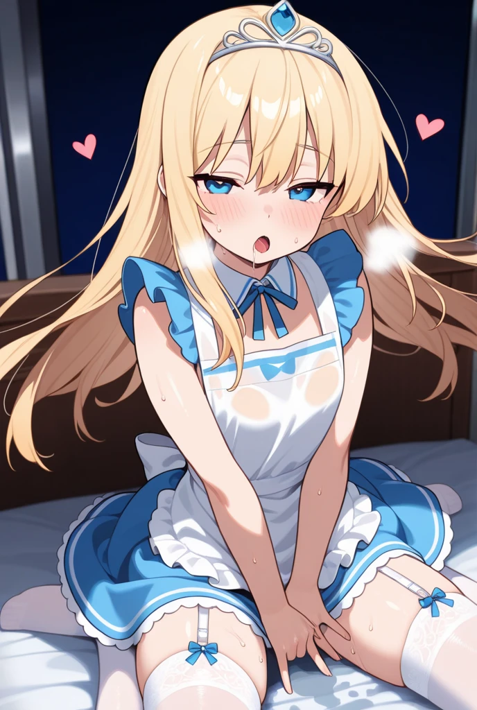 (best quality, masterpiece:1.2), illustrations, a cute girl, cute face, kawaii, very lovingly face, early teens,
 10-year-old,
 blonde hair, long hair, straight hair, shiny hair,
 blue eyes,
 medium breasts,
 BREAK (Alice's Adventures in Wonderland, Alice Costumes in Wonderland, blue dress, puff sleeve, white apron, frill, pinafore, collar, white legwear, loafer), (hair bow, blue bow:1.2),
 BREAK (embarrassed, aroused, blush, open mouth, orgasm, steam:1.2),
 BREAK (lying on back, girl spread legs, leg up, hold own thighs:1.4), pussy juice,
 indoor, bedroom, on the bed, from above,