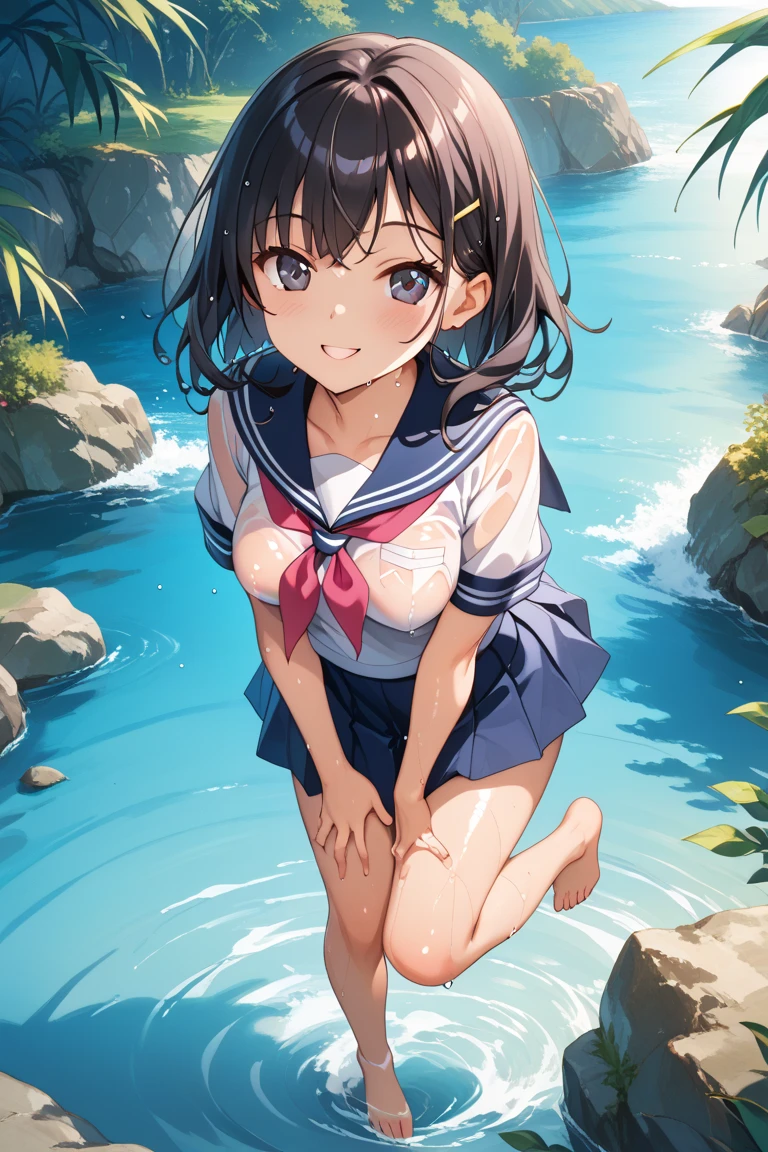 1 lady, HD quality, anime, solo full body shot, (sitting with hands back:1.3), (open legs to limit:1.5), (with one knee up:1.3), showing pubic area:, (under boob:1.6), Large breasts, (cleavage), shiny skin, smiling, (thin thighs:1.3), (Sailor uniform only for the upper body:1.5), (Crop Top sheer white shirt:1.5), (sleeveless:1.6), without brassiere, (sheer white tiny micro thong:1.5), poolside, (Green detailed eyes), blue sailor collar, red ribbon tie