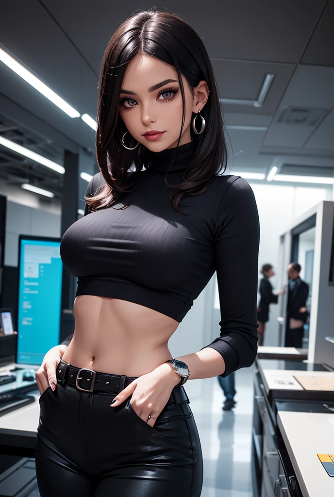 (textura natural da pele, hiperrealismo, Luz suave, Afiado), tiro de corpo inteiro, 24yo mulheres, Cabelo castanho, Ciberpunk, Doutor, Cyberware escuro, luz difusa, At the Ripperdoc Clinic, cyberware no corpo, Metal Hand, Meias, shorts, Topo branco, rosto detalhado, rosto preciso