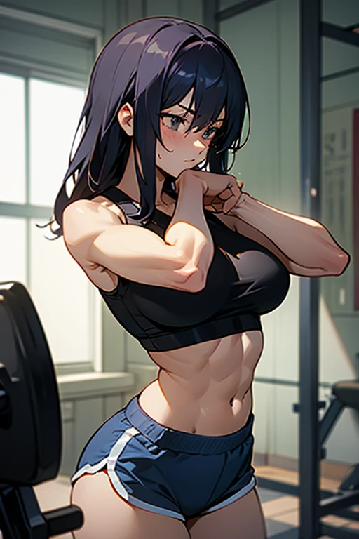 Skinned: tanned skintone, reinforcing the athletic and healthy look. Busty Hair: Long and purple, smooth and loose, with a fringe that covers part of her forehead.eyeballs: reds, conveying an intense and determined expression.Physicist: Extremely athletic and muscular, highlighting the defined abdomen and strong arms, showing great physical strength.badass clothing: She wears a tight white top, with a symbol on the left side of the chest, probably representing some emblem. She also wears short purple shorts with black accents and a black belt..
