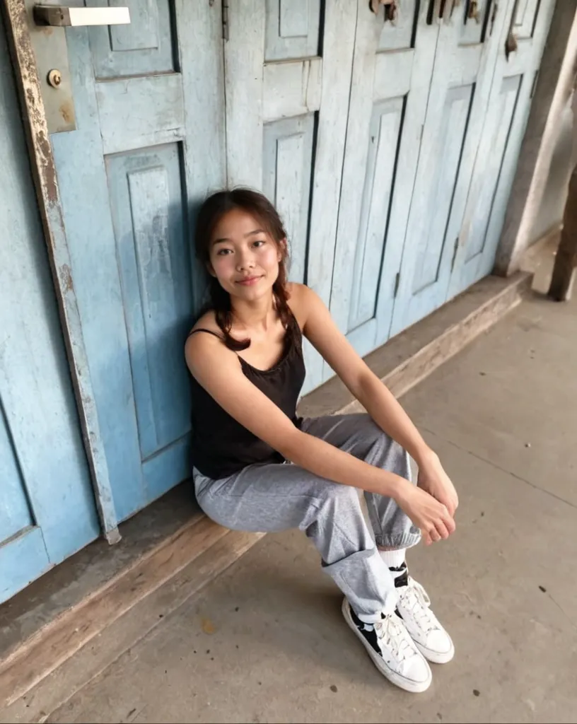 ((highest quality)), ((masterpiece)), (be familiar with), Perfect Face, Indian,9 years old,Girl,cute,Entrance of the house,night, squatting pose, legs spread wide
