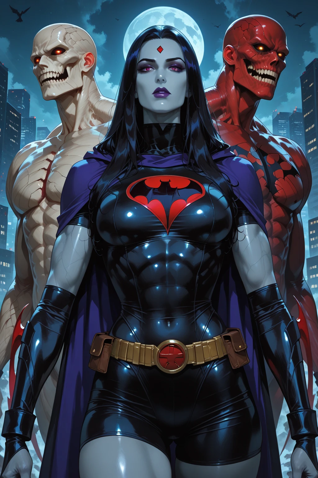 Teen titans raven with red colors with horns and red eyes, casting shadows with a scepter. He has medium hair and pale white skin.. His full body is shown. And he&#39;s fighting America&#39;s female hero., with long black curly hair and a blue suit, The heroine is winning the battle, the heroine is much more powerful and bigger, heroin beats Raven
