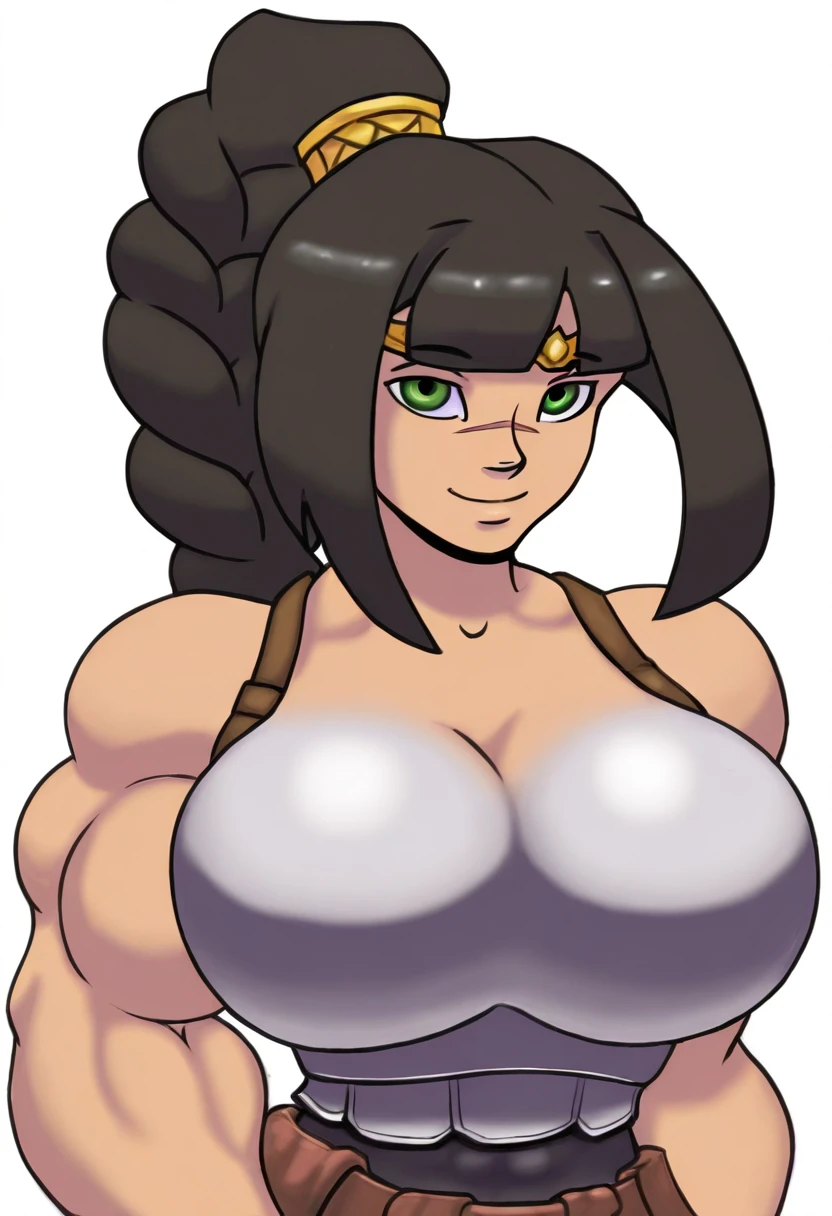 gideonscorral, best quality, amazing quality, very aesthetic, absurdres,
dragon's crown,
1girl, solo, shadowheart, black hair, braided ponytail, green eyes,large prominent breasts,muscular, scar on face, circlet, armor,
smile, looking at viewer, upper body, simple background, white background,  