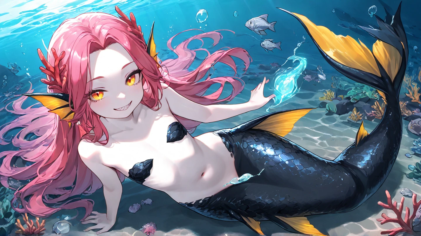 (best quality,4k,8k,highres,masterpiece:1.2),ultra-detailed, (1girl)Pretty 15 years old princess magically transformed into a beautiful mermaid, race swap, fantastic transformation, steampunk, long and detailed mermaid tail with shimmering red scales, long fins ears, drawn in anime style, very long twintails red hair, sharp teeth, is smiling, pink eyes, small breast, long pelvic and dorsal fins, forearms fins, pair of fish gills on the torso, seashells bra, starfish hair clips, pearl earrings and bracelets, pearl necklace, hair ribbons, gold tiara, new beautiful body,she’s smiling,embracing her new life has a mermaid, underwater world,colorful coral reef,magical underwater lighting,vivid colors,breathing underwater,endless ocean depths,sunlight filtering through the water,joyful expression,playful mermaid poses,floating gracefully,serene and peaceful environment,sparkling water,water reflections,ethereal atmosphere,subtle glow,whimsical and enchanting,curious marine life,seaweed,seashells,blissful transformation,fantastical ocean adventure,beauty of the ocean depth.