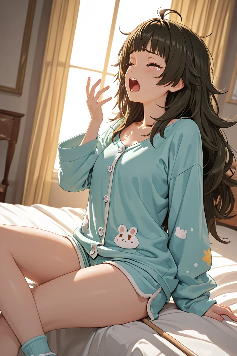 Kamisonoda, Umi Sonoda, long hair, blue hair, (yellow eyes:1.5) (flat chest:1.2),One girl sleeping with her eyes closed,Waking up,sleepy,A slightly open big shirt,black string underwear,barefoot,smile,Bedroom,the light goes out, covered with a blanket, windows,ロマンチックなmorning日,morning,extreme light,
break indoors, Bedroom,
break (masterpiece:1.2), highest quality, High resolution, unity 8k wallpaper, (figure:0.8), (beautiful and fine eyes:1.6), highly detailed face, perfect lighting, Very detailed CG, (perfect hands, perfect anatomy),