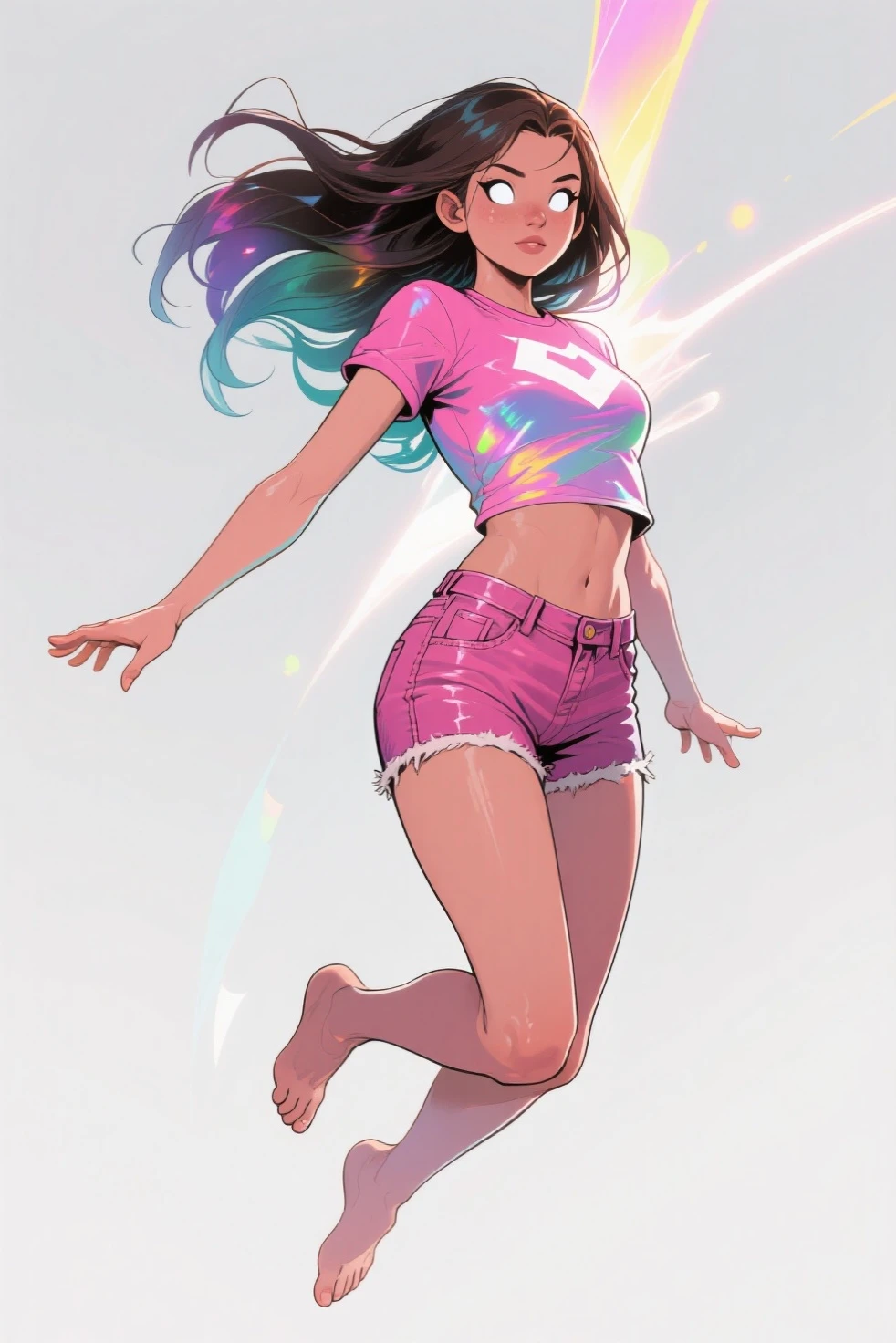 ((medium chest, tomboy girls, small head)), light, light de sol, (chiseled abs : 1.1), (perfect body : 1.1), (by the wavy cut : 1.2) , Brown hair, neck, chain, full body shot, street full of people, wearing black t-shirt, short slim ultra tight shorts, ((Bermuda)), (extremely detailed CG 8k wallpaper), (an extremely delicate and beautiful), (Masterpiece), (Best Quality:1.0), (ultra high resolution:1.0),  beautiful lighting ,perfect lightning, realistic shadows, [high resolution], detailed skin, ultra detailed 