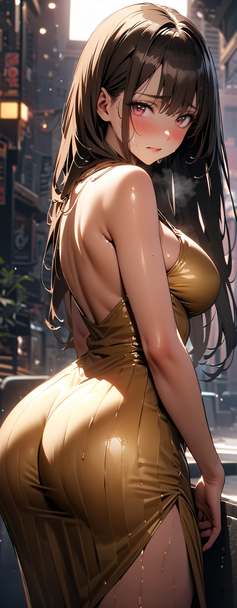 Straight Hair、Brown Hair,((Highly detailed golden sexy dress)), Looks about , (beautiful girl: 1.3),1girl,Highest quality,8k,Highly detailed CG unit wallpaper,masterpiece:1.2,Highest quality,Ultra-high resolution,RAW Photos,Realistic textured skin,Cinema Lighting,calm and calm look,Big Eyes,Detailed eyes,Wet,Wet,Watery eyes,weak,Huge building,Metropolis,vapor,big, ((big, round buttocks)),Detailed ass,huge breasts,Lounge at night,Cyber Pink Background,(Fair skin:1.3),Beautiful glossy lipstick、Perfect Makeup、Ultra-high definition beauty face、Shining Bracelet、Beautiful earrings,((Butt pose)),(from below:1.3),(looking down, watching at Viewer:1.3)