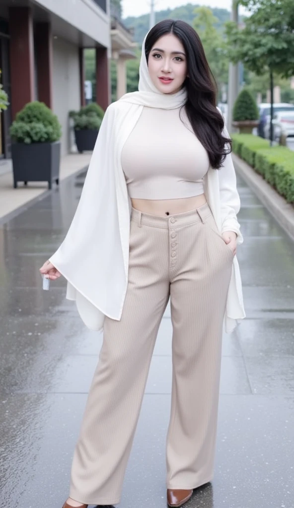 1 woman, accurate to LoRA, sad face, fine wrinkles, blushing cheek, wearing gold hijab and white shirt, perfect body, (busty breast 1.6), thin waist, abs, looking at camera, holding handbag, standing in street, wet from rain, (panties), full body shot, realistic 4K, depth of shadow