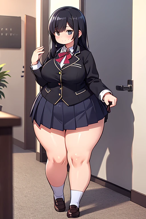 A chubby high school girl standing in only her black underwear and underwear, wearing a short skirt with her legs spread apart