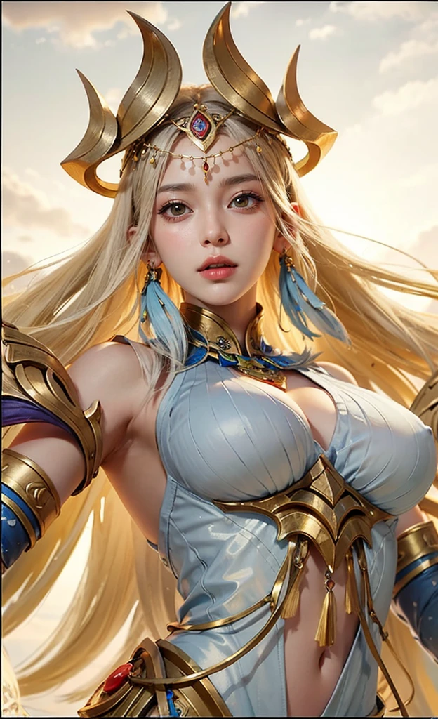 Ultra HD、Ultra-clear、Beautiful Face、Warrior in unicorn armor、Covered entirely in golden armor、Holy knight in golden armor、Golden armor with ornate carvings covering the entire body、Heavy golden armor、crystal clear green eyes、Silver Hair、Big Tits、Outer space background、
