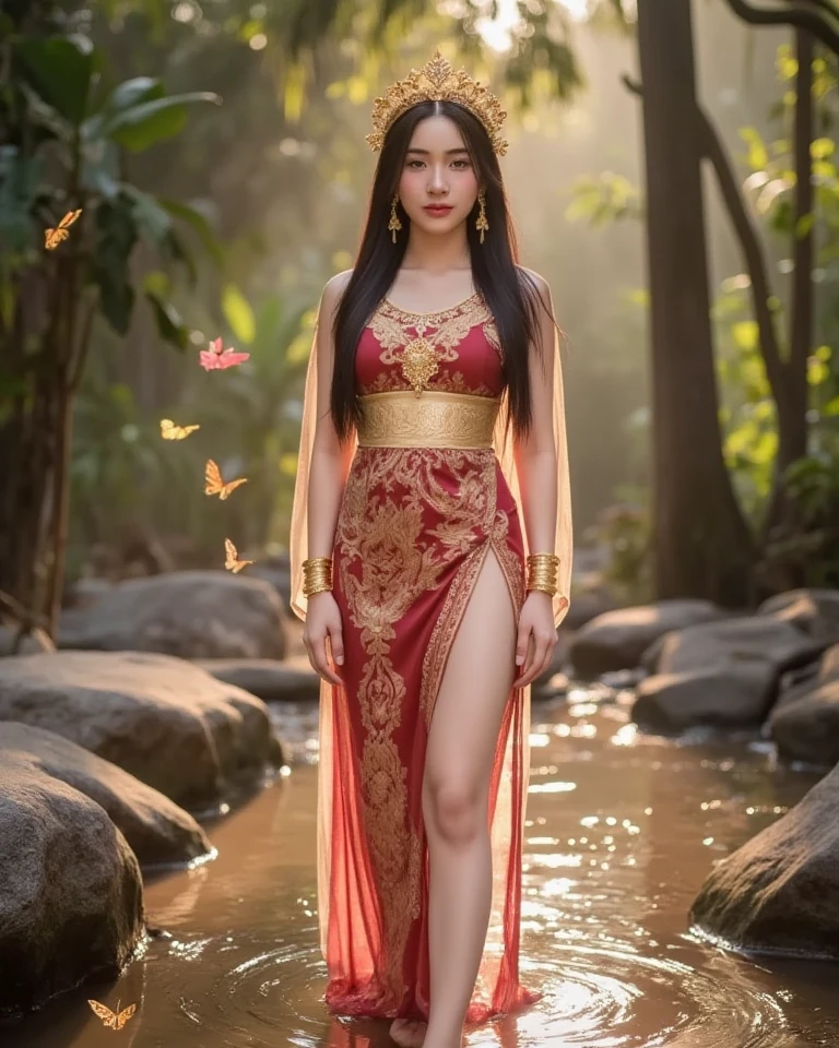 Full body of a beautiful Thai woman wearing an ancient Thai dress, wearing wireless headphones, smiling sweetly, laughing happily, beautiful sharp eyes, red lips and 4 cute little dogs. They dance, move and shake their hips on a green grass field. The background is a waterfall with beautiful flowers. High resolution UHD 8k footage. Realistic photography.