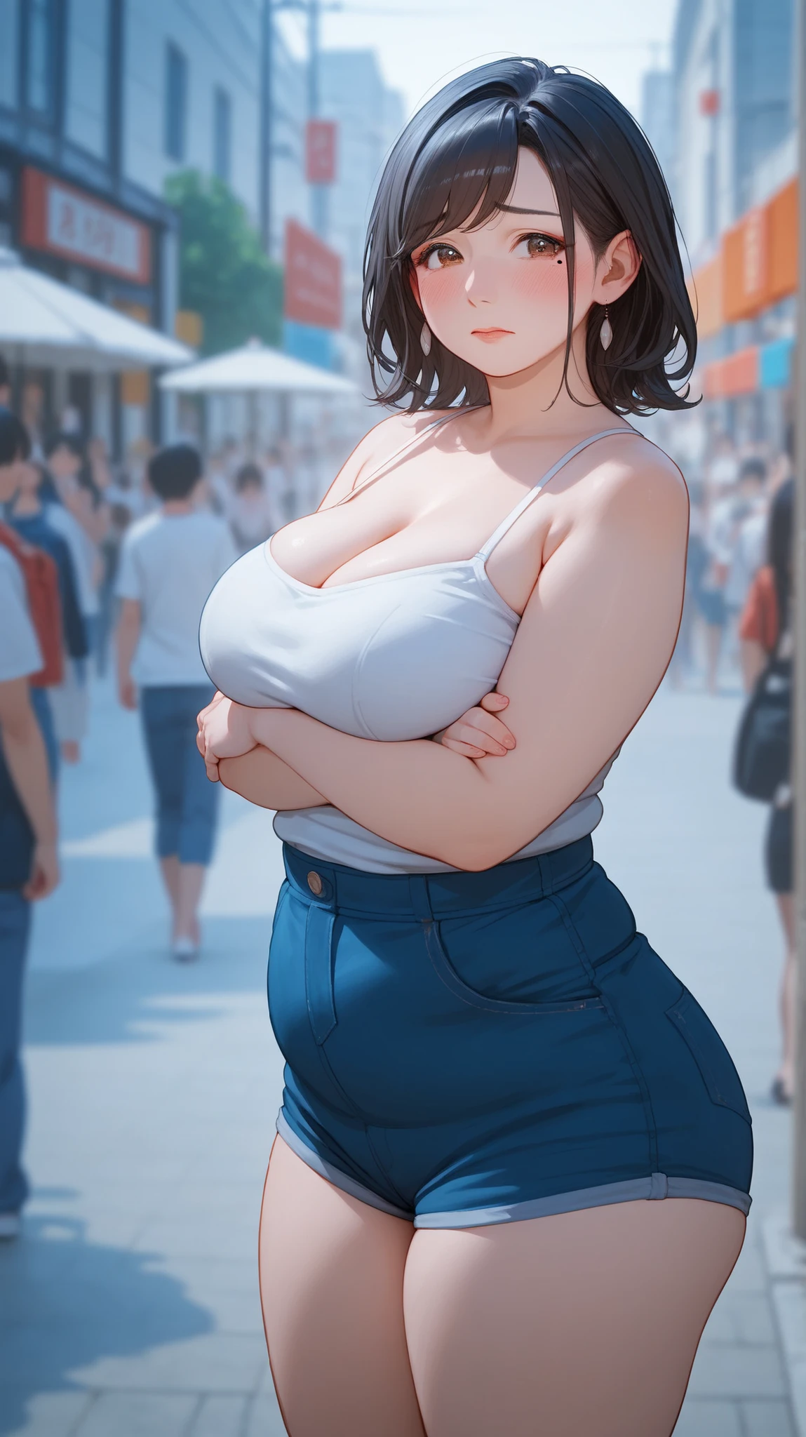{{anime , whole body, source_anime, outdoors, colorful, vibrant, blurry background, looking at viewer, solo, crowd, }} mature female, asian, Japanese, fair skin, plump, mole under right eye, mature eyes, eyeliner, gentle eyes, black hair, swept bangs, brown eyes, medium hair, sidelocks, summer clothes, curvy, overweight, chubby, blushing, embarrassed, insecure, pudgy, unconfident, adult, mature, 30 years old, slight fat folds, chubby waist, low-waist short shorts, fat, chubby belly, mediocre breasts,