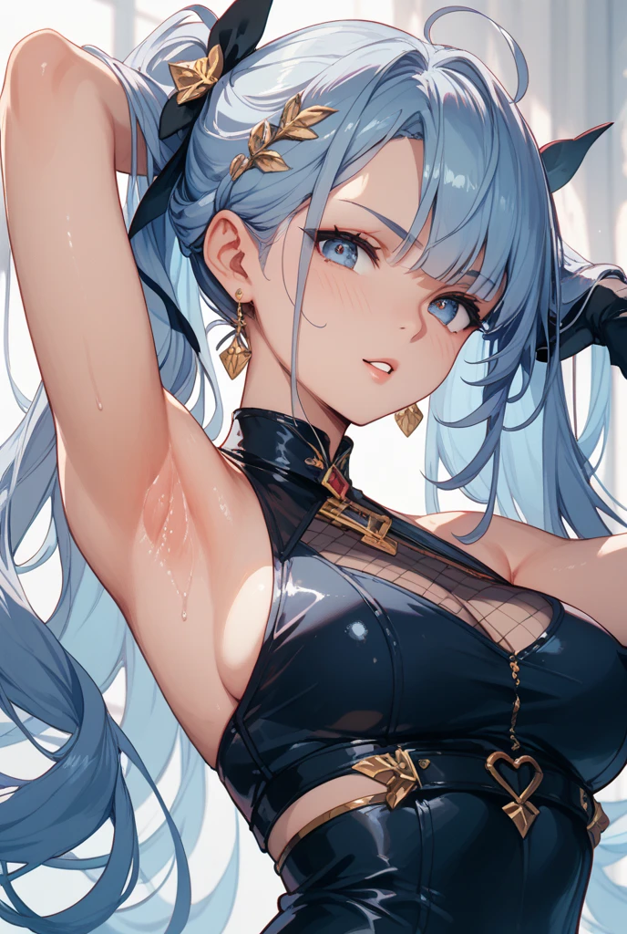 best quality, masterpiece, ultra-detailed, illustration, dynamic pose, makima, braided ponytail, ringed eyes, yogan pants, mature female,(perfectly proportionate body), eyeliner, bold patterns, dramatic makeup, black nail polish, busty body, wearing a crop-top, close-up shot, glossy lips, cinematic lighting, volumetric lighting, vibrant colors, ray tracing,