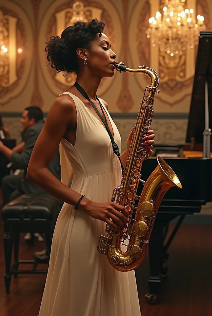 Intimate jazz club atmosphere, Dark and Smoky, A saxophonist gives the best performance of his life, Very intricate detail, Award-winning art, Ray Tracing, Sharp focus, 8K, High resolution, masterpiece, Professional, Very detailed, Perfect hands