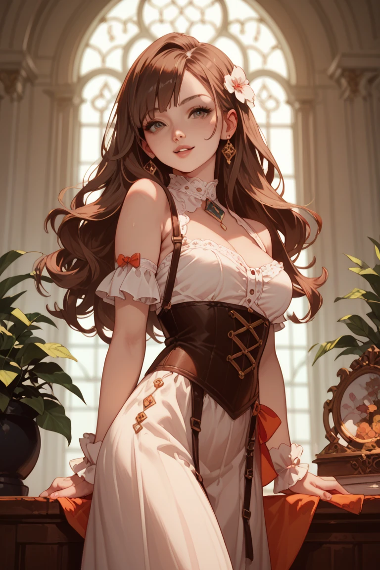 Best quality, (Masterpiece:1.35), the wallpaper, (illustration), Original, (Depth of field), (1girll:1.35), (Solo), full bodyesbian, Dynamic, Detailed face,，teens girl， brunette color hair，Medium breasts, cheerfulness,short detailed hair, music instrument，barded，adventurer，Magic hat
