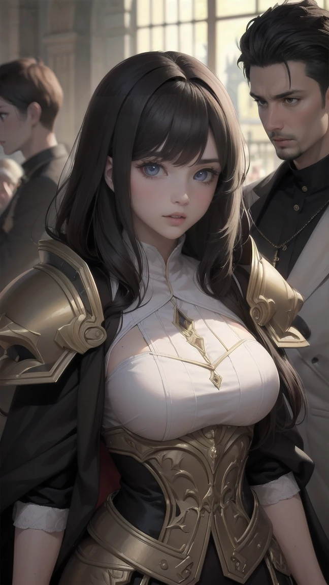 realistic lighting,top Quority,8k resolution,tmasterpiece:1.3,sharp focus:1.2,1个Giant breast girl,enchanted face,double eyelid,big eyes,sexy expression,Perfect anatomical physique,Beautiful women with perfect figure:1.6,Chest big 1.7,long dark brown hair,big chest:1.8,armor,long knives,magic,outdoors,overnight:1.1,1080P,hyper HD,texture,Super Detail,best quality,highest detail,high quality