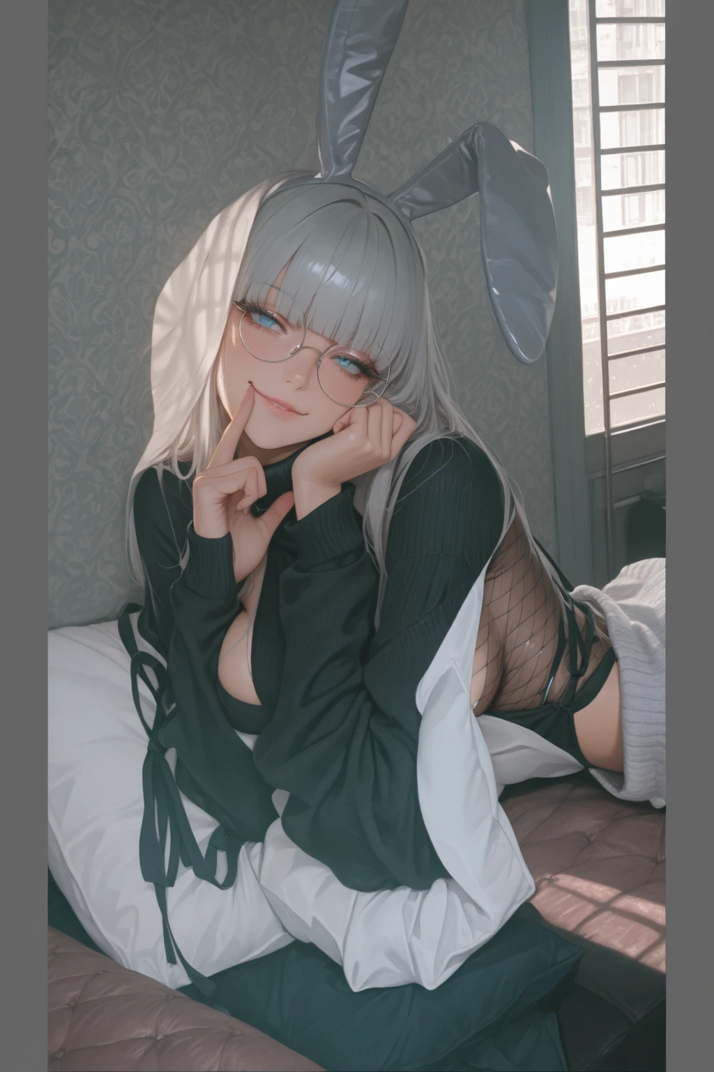 4k, European woman with gray hair, Wear glasses ,Wear a bunny ears headband, Height 170 cm. Weight 50 kg. Wear a short, tight, sexy dress. ,pink nipples,Lie down and show off your pussy.,The pussy has white fluid flowing out.,You can see the pussy clearly.,oiled body,A tingly expression,full body image,chubby