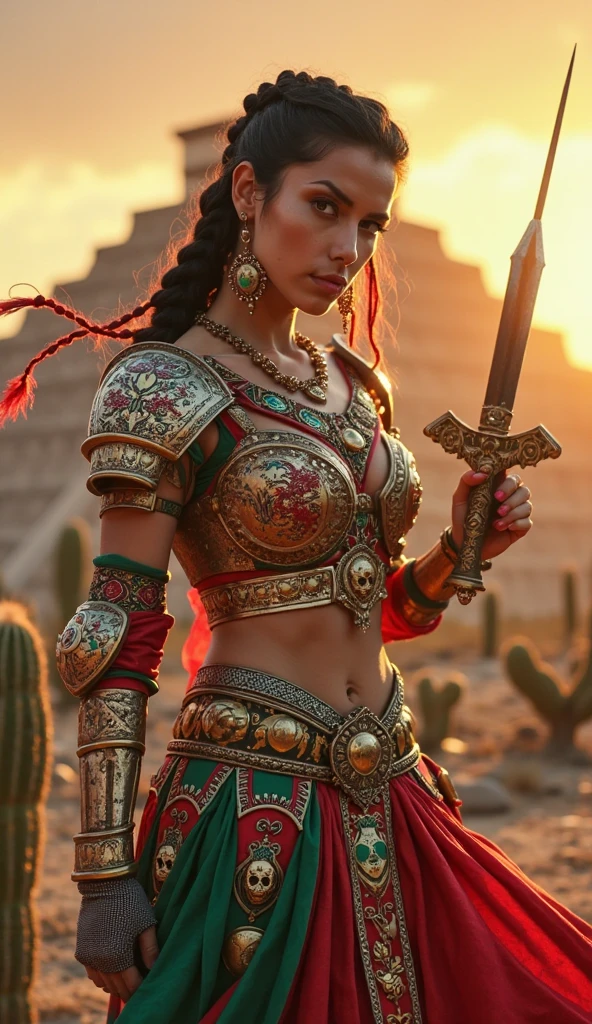 ((Realistic, cinematic, epic, Masterpiece: 1.3)), (raw photo:1.2), Hyperrealist portrait gorgeous Beautiful Chinese tribal female warriors, 30 years old, beautiful serious face, wrinkled face, beautiful detailed charming eyes, (pretty breasts: 1.1), ((sexy dark green native warrior chainmail corset armor: 1.2), (native hmong traditional brocade fabric armor), (sexy dark green brocade warrior dress)), tribal loin cloth, tribal jewelry, tribal warrior headband, tribal village background, legendary warrior style, hand holding a dagger, full body, professional photography, font view, very detailed faces, (merlot red lips, tribal makeup: 1.2), Best quality, 8K, ancient style