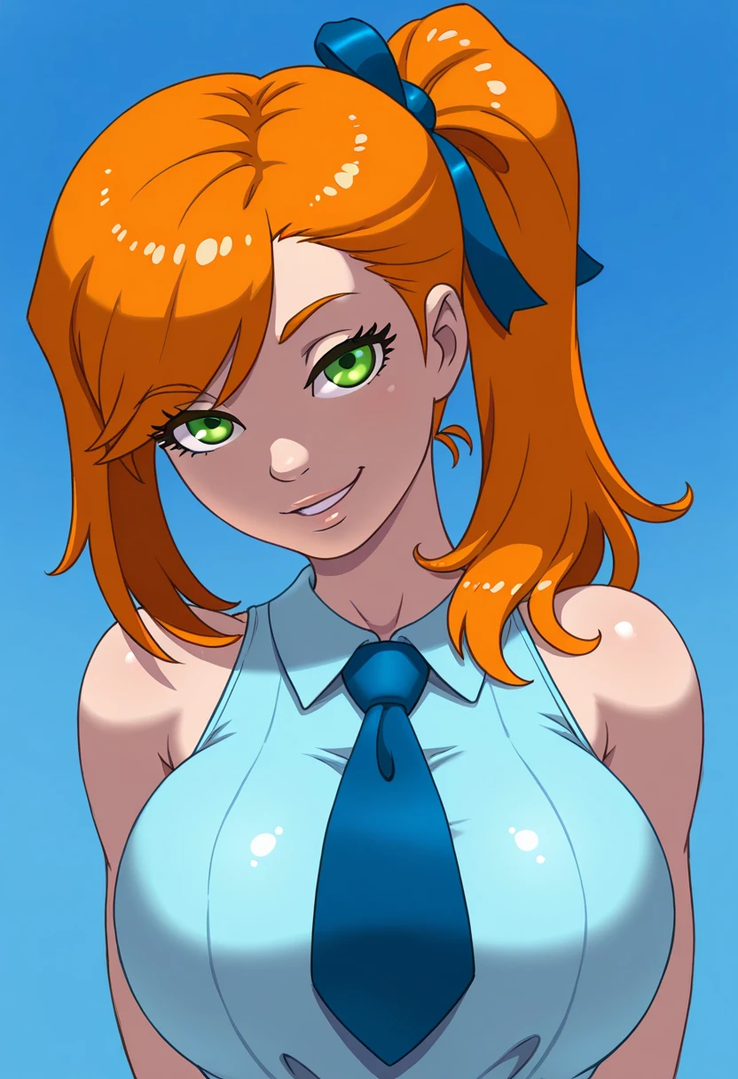 gideonscorral, 1girl,solo,cute,
katia, Huge big chest,slim, green eyes, light skin,long orange hair, loose hair, side ponytail, hair ribbon, swept bangs
,sleeveless dress, light blue dress, ribbon necktie, summer outfit, cute fashion
smirking, confident pose, playful expression
looking at viewer,portrait
Simple blue background,(soft focus:1.3),
masterpiece, amazing quality, best quality, ultra-detailed, 8K, illustration, CG, shiny hair, clear skin, ultra-detailed-eyes, eyelashes, highly detailed,