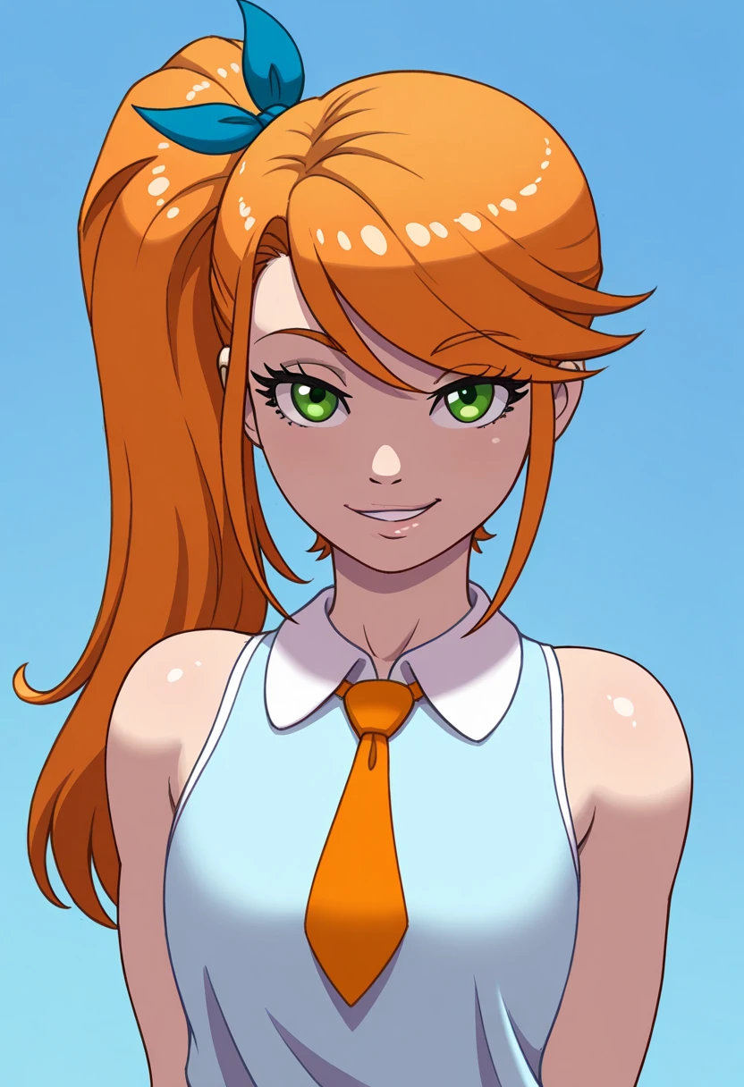 gideonscorral, 1girl,solo,cute,
katia, Huge big chest,slim, green eyes, light skin,long orange hair, loose hair, side ponytail, hair ribbon, swept bangs
,sleeveless dress, light blue dress, ribbon necktie, summer outfit, cute fashion
smirking, confident pose, playful expression
looking at viewer,portrait
Simple blue background,(soft focus:1.3),
masterpiece, amazing quality, best quality, ultra-detailed, 8K, illustration, CG, shiny hair, clear skin, ultra-detailed-eyes, eyelashes, highly detailed,
