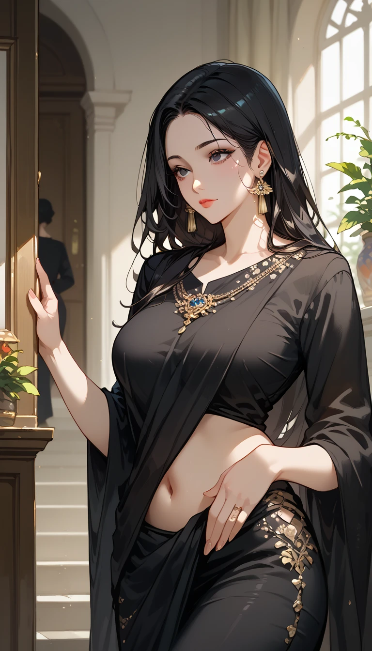 Sexy woman, black hair, bun, seductive eyes, intense eye contact, parted lips, long neck, collarbone, medium chest, saree