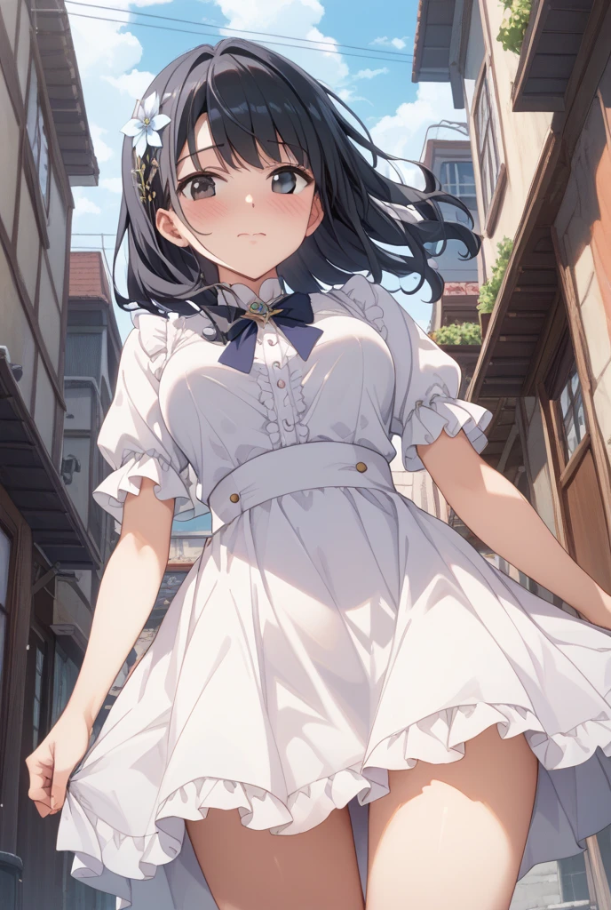 ((Top Quality, 8K, Masterpiece: 1.3)), Focus: 1.2, Perfect Body Beauty: 1.4, Ass: 1.2, ((Layered Haircut, Breasts: 1.2)), (Wet Clothes: 1.1), (Sunset, Street: 1.3), Bando Dress: 1.1, Highly Detailed Face and Skin Texture, Narrow Eyes, Double Eyelids, Whitening Skin, Long Hair, (Shut Up: 1.3), Smile
