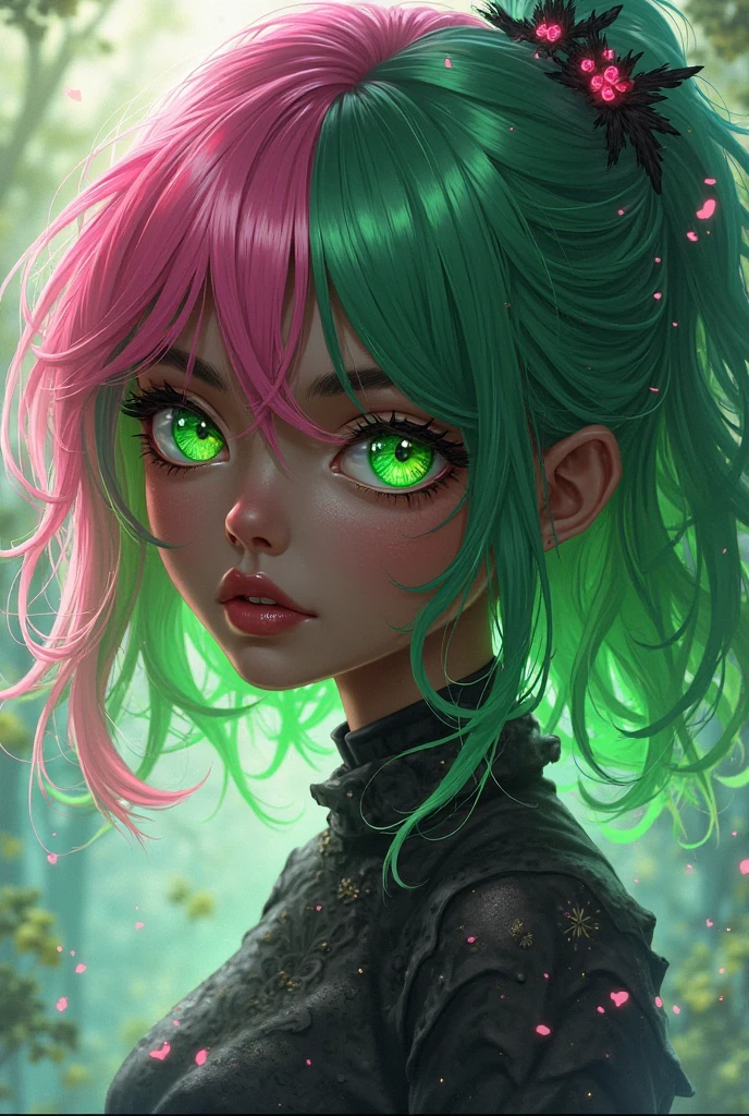 Woman, realistic character, green hair with pink locks, blue eyes, semi-realistic, Alone, modern, blurred background, dark moody chocolate settings, soft studio lights, green bokeh