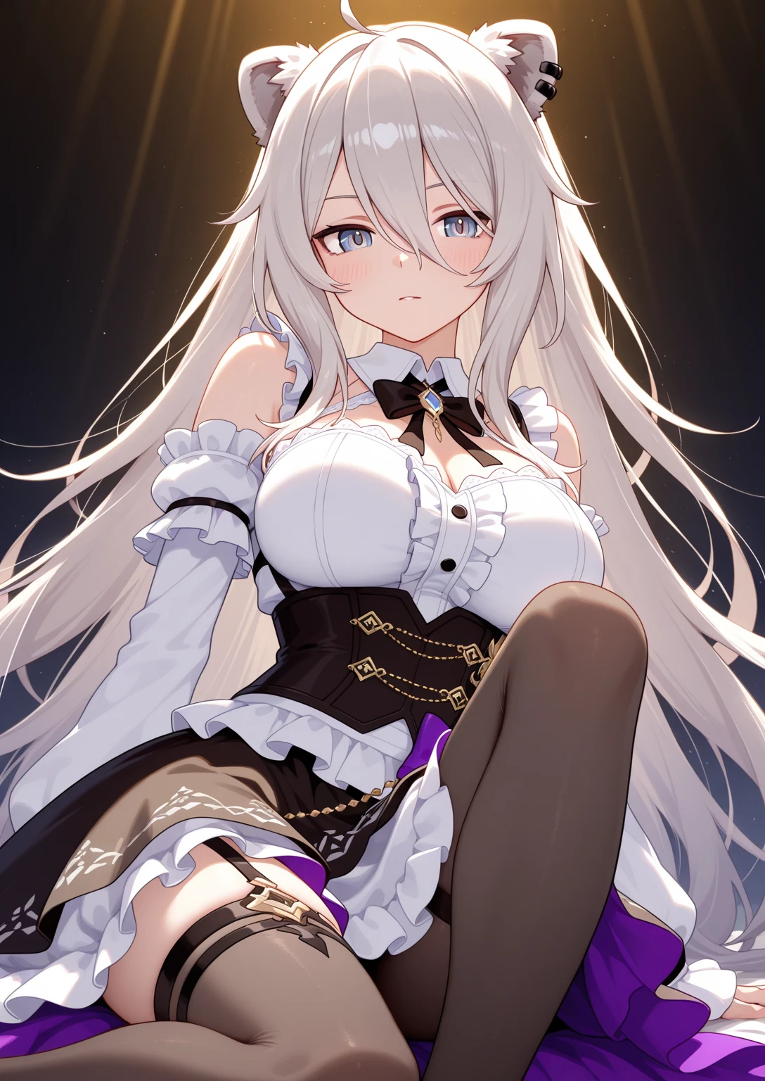 (hyper extreme detailed),(masterpeace),(hyper extreme),(photorealistic),CG,llustration,novel illustration,indoors,1girl, <lora:Yorktown_II_v1:0.8>,Yorktown_II,bare shoulders, blue eyes, blue ribbon, cleavage, detached sleeves, dress, juliet sleeves, large breasts, long sleeves, neck ribbon, puffy sleeves, ribbon,very long hair, white dress, white hair,black pantyhose,