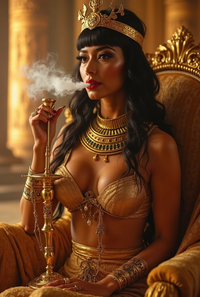 Arafe woman wearing a sari and necklace, Complex sets, Bejeweled, Wearing complicated clothes, Exquisite Jewelry, with Intricate details, Elaborate costumes, Wear elegant jewelry, Intricate details. from the front, Black Jewelry, Jewelry made with attention to detail, high Intricate details, Hand Jewelry Model Photos, Close-up portrait, Complex beauty, Exquisite Jewelry, side view Intricate details, masterpiece, 最high quality, high quality, High resolution, Beautiful Face、(Realistic Face)、Realistic eyes、Beautiful detailed eyes、Realistic Skin、Beautiful Skin、Ultra-realistic、Very detailed、Beautiful lighting、Sharp focus、Various poses、超Detailed face、Detailed Iole Hair、Brown Hair、Long Hair、Beautiful hairstyle、Detailed face、Exposed breasts、Cleavage、(Big Breasts)、Incredibly stupid, It seems ridiculous., (((In a suspicious underground bar)))、(((Smoke a hookah,Smoke a waterpipe:1.3)),kneeling on one leg,full figure supermodel standing, entire body in frame