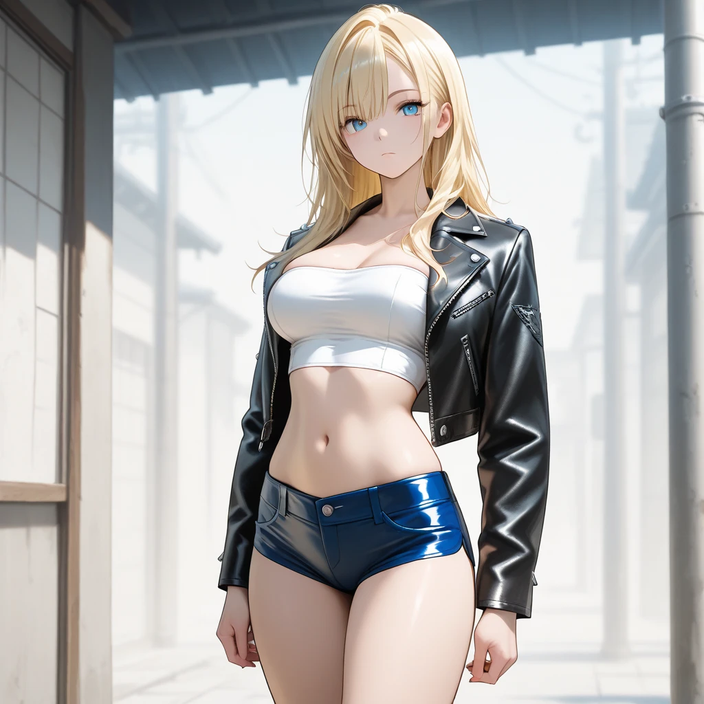 a beautifu, Low-rise jeans, bikini top、High heel、Beautiful highschool girl, pony-tail, Full Body, highly detailed full body, , Highly detailed body,
