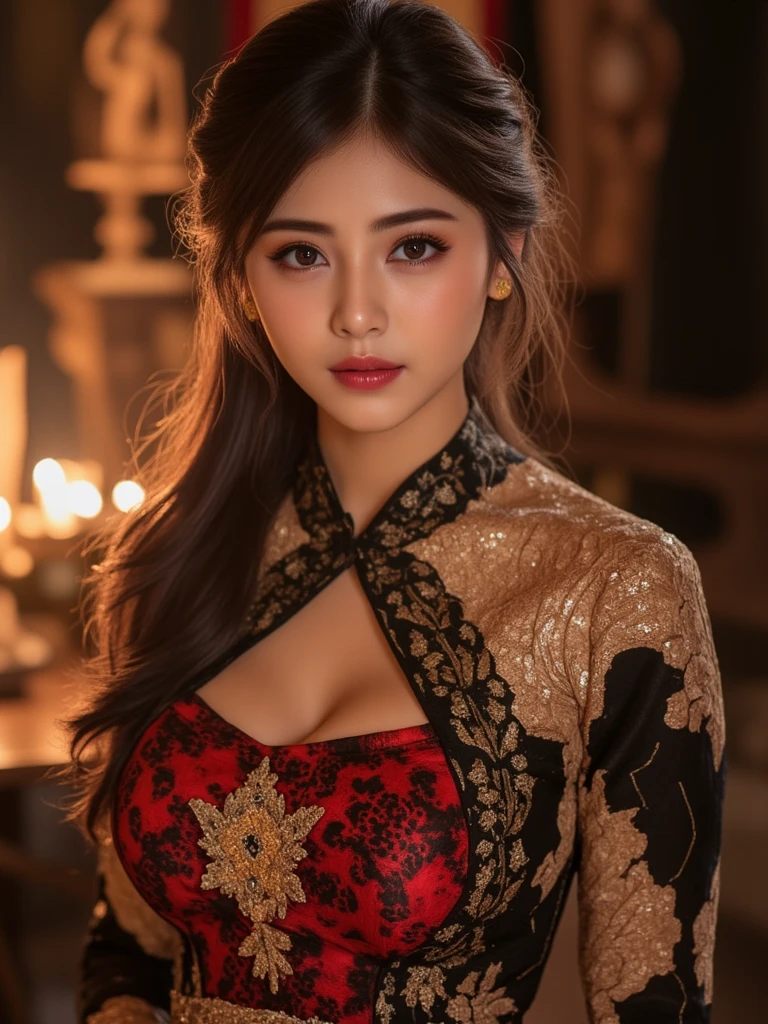8k, best quality, Medium close-up, (red kebaya )、(luxury kebaya ),(top-quality,masterpiece:1.3,超A high resolution,),(ultra-detailliert,Caustics),(Photorealsitic:1.4,RAW shooting,)Ultra-realistic capture,A highly detailed,high-definition16Kfor human skin, Cute and lovely indonesiaan girl, realistic, ultra detail, photo realistic, Increase quality,
standing in a garden with a scarf, garden, (large breast), (cleavage ), close-up shot, mouth,dark-haired, Messy Updo hair, (depth of fields、chromatic abberation、Wide range of lighting、Natural Shading、)、(Exterior light at night:1.4)、(Hair swaying in the wind:1.2).
