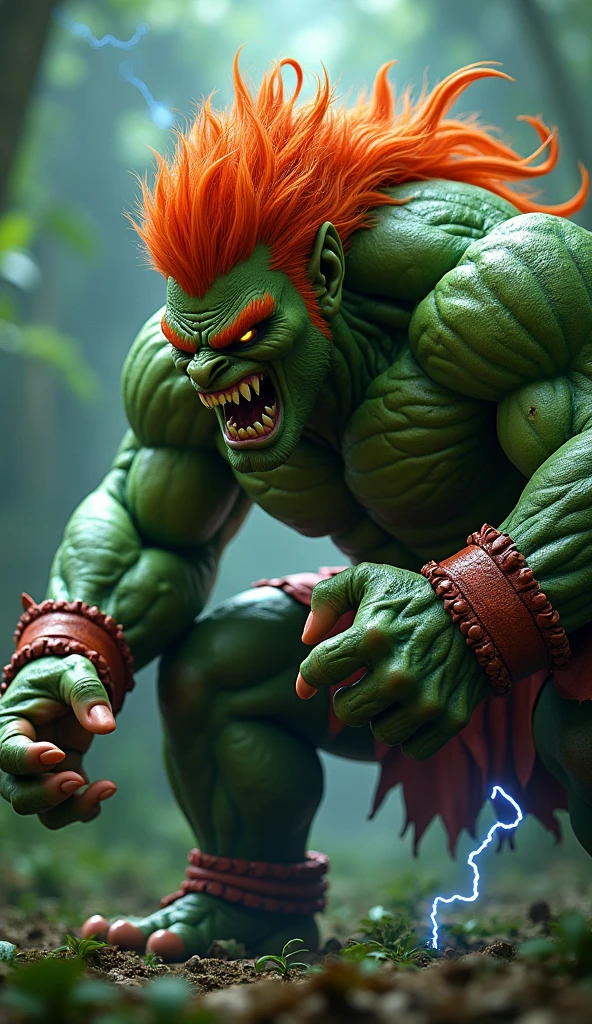 full body<lora:BlankSF2V6Lora:0.8> green skin, muscular, orange hair, long hair, teeth, abs, fangs, sharp teeth, monster man, light brown shorts with fur, hair on arms, Highly detailed,masterpiece, best quality, photorealistic, ultra realistic