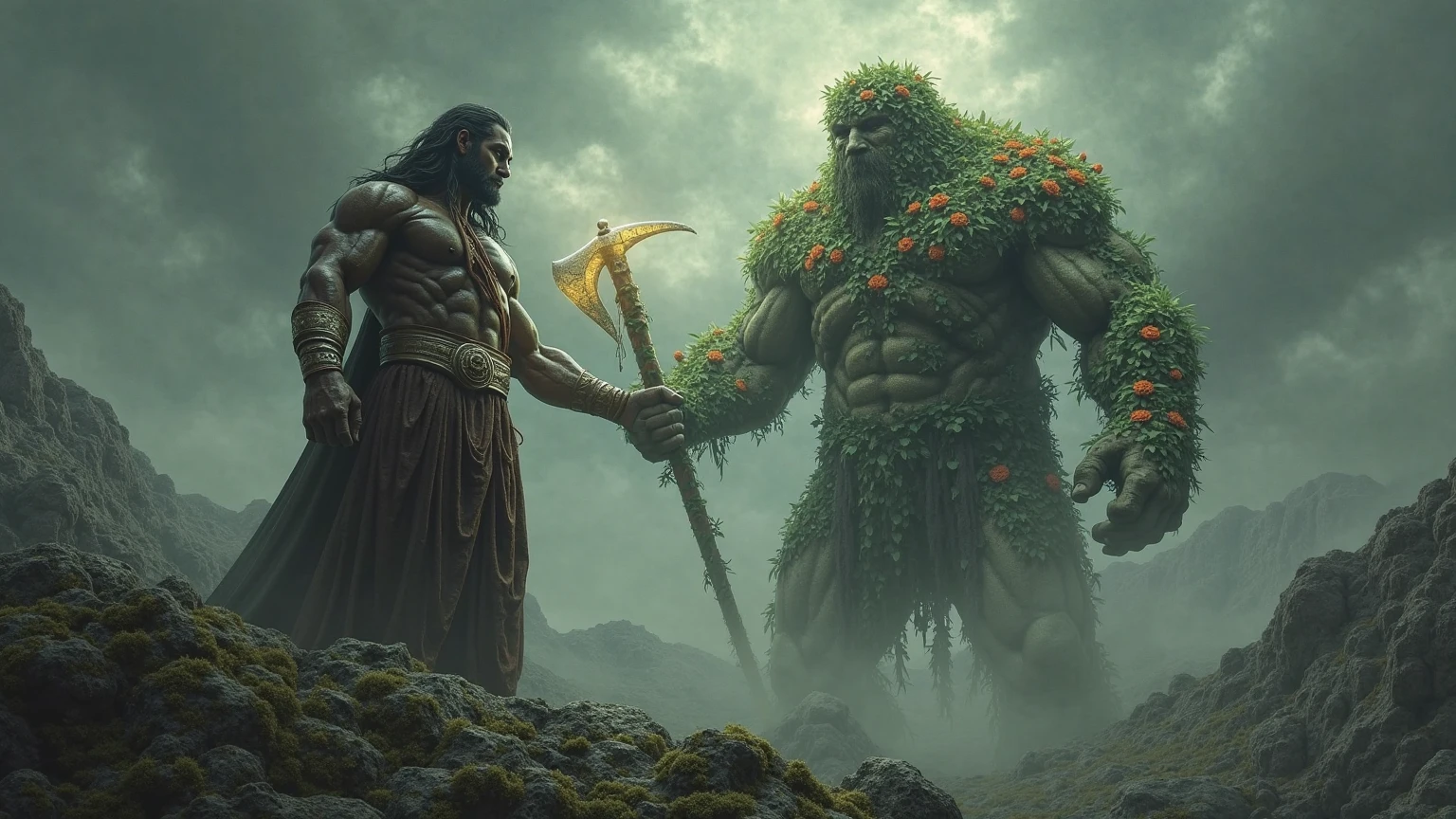 High-Definition, 16:9 Image: A reimagined depiction of the biblical tale of Cain and Abel in a lush, verdant garden. Cain, portrayed as a muscular, brooding figure, stands tall with a stone clenched tightly in his hand, his hardened gaze filled with anguish and regret. Abel, lying prone on the ground, is shown with a serene expression, blood trickling from a mortal wound. The vibrant colors of the garden - emerald leaves, golden sunlight filtering through the branches - serve as a stark contrast to the grim tableau unfolding in the heart of Eden. The details are captivating, from