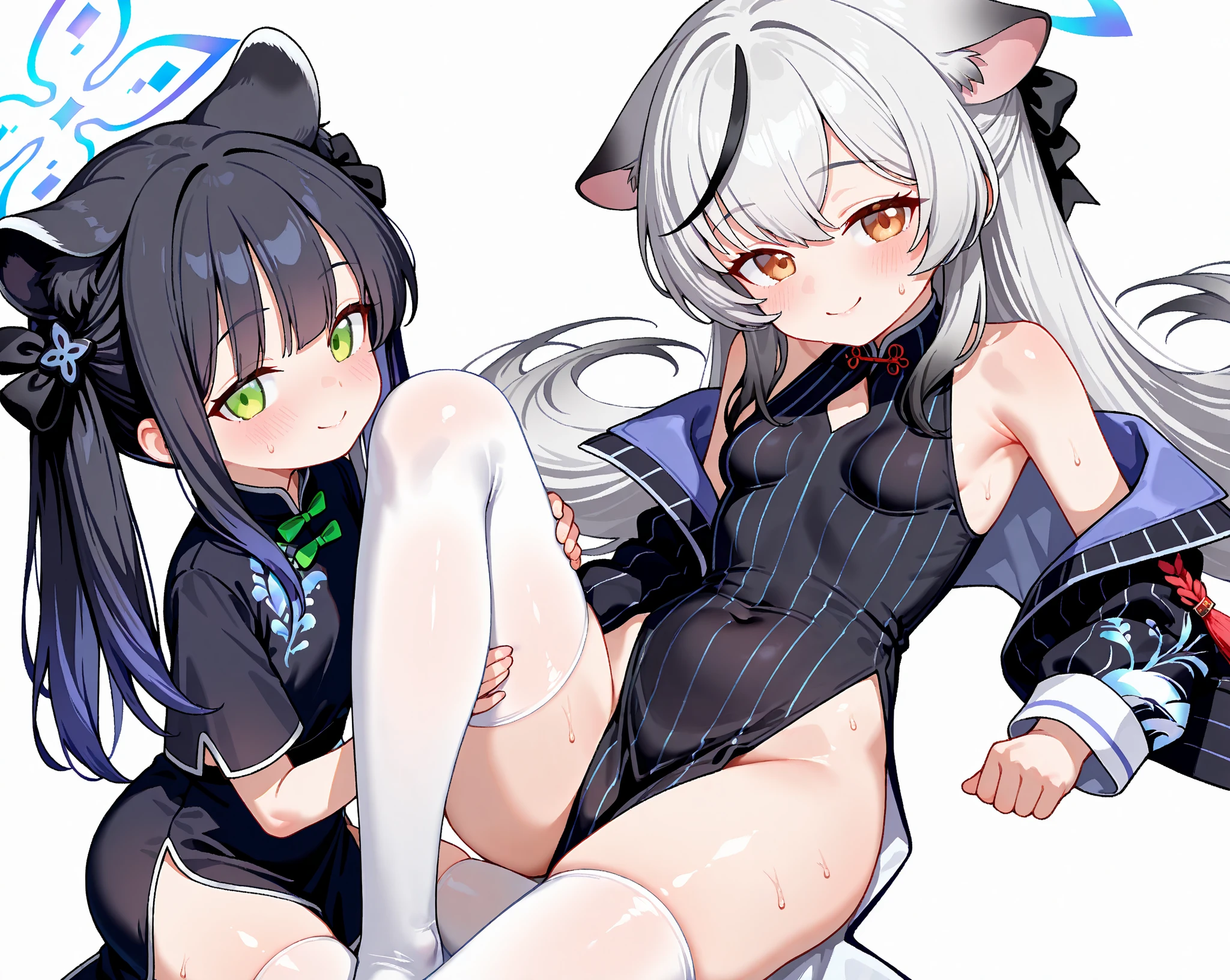 tmasterpiece,1girll,Royal sister,独奏,White hair,double tails,Cat ears,Blushlush,with her mouth open,nabel,Wide buttock, underbust,The shirt, The large\(BodyProportions\),,Arashi,paw pose, 比基尼,long leges,Plump buttocks,