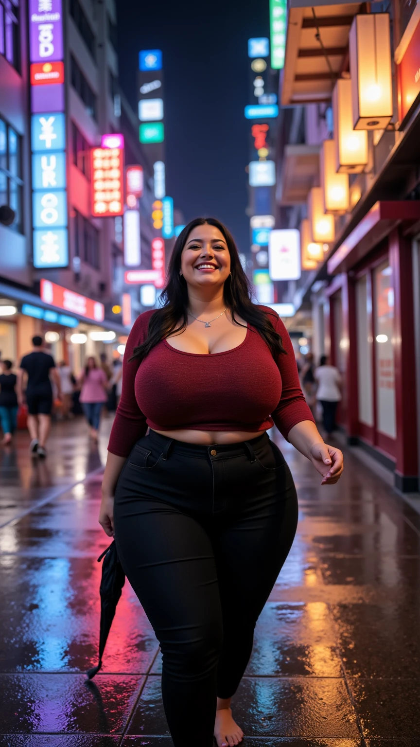 teenager with big breasts, with few clothes, excited face, walking in the rain in the city, at night, black hair with red highlights,