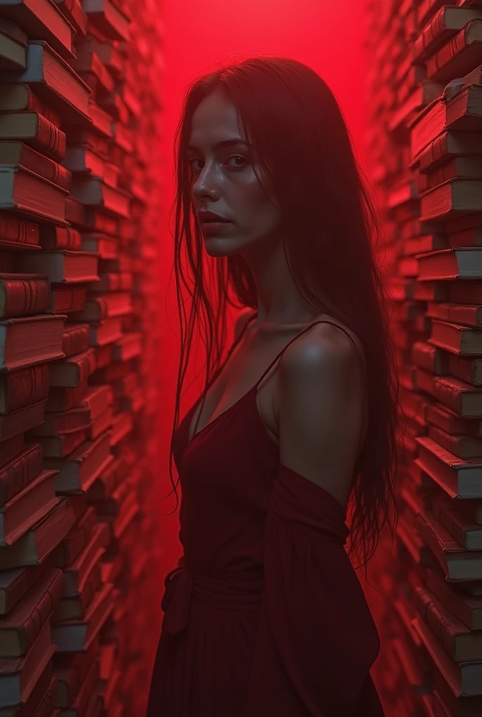 A girl having a blood  and girl have big boobs and wearing red bra and stand in library 
