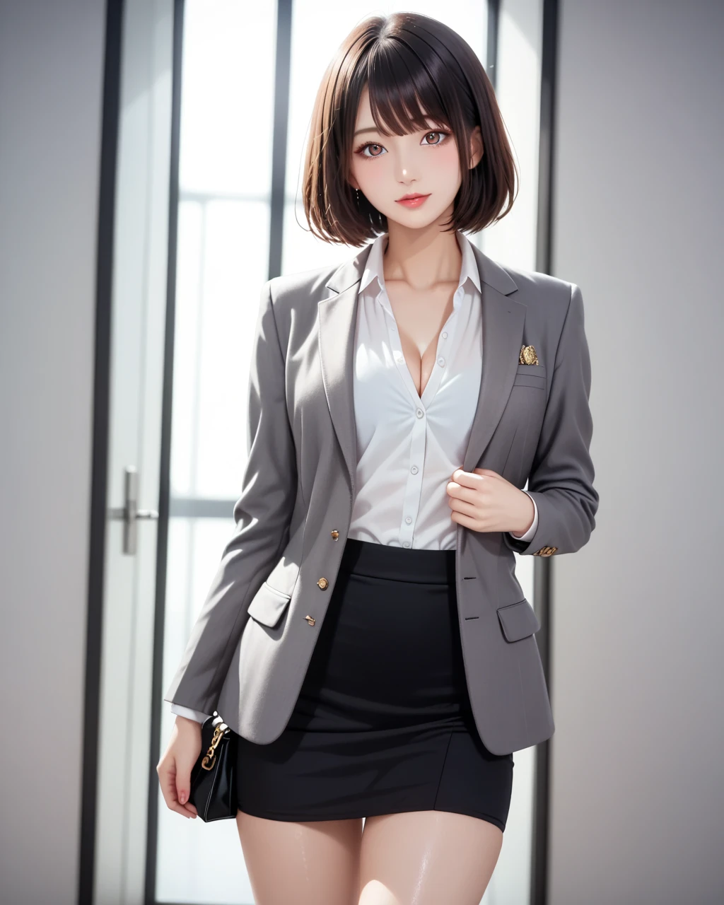 ((((highest quality))))、(((Ultra-precision CG16K wallpaper)))、(((masterpiece)))、(((Super detailed)))、(((Extreme detail)))、((1Mature 24 year old woman:1.3))、((Very beautiful Japanese faces))、((Shiraishi Mai:1.3))、((Soft Wave Medium Hair、blunt bangs:1.5))、(Shiny brown hair)、Beautiful delicate eyes、eyeliner、eye shadow、Brown eyes、High nose、Small nostrils、Small Mouth、Seductive lips、Beautiful breasts、((C cup size breasts))、Cleavage、Voluptuous body、Perfect proportions、Perfect Anatomy、Perfect composition、Beautiful detailed shading、Beautiful, natural lighting、Beautiful detail glow、Depth of written boundary、(((High chroma)))、(((Real:1.9)))、((vivid:1.5))、((Beautiful Skin))、((Skin Texture))、((Realな皮膚感))、(((Cowboy Shot:1.6)))、((Front view、Front low angle:1.5))、((Surprised face with open mouth:1.2))、(The woman is facing this way:1.5)、Bright daylight、Natural light、(((factory、Precision machinery、iron pipe、Piping:1.5)))、(Walking pose:1.5)、(((White business suit、White slit miniskirt clothing:1.6)))、((Earrings、Wearing a necklace:1.3))、(((Wearing white knee-high boots:1.6)))、