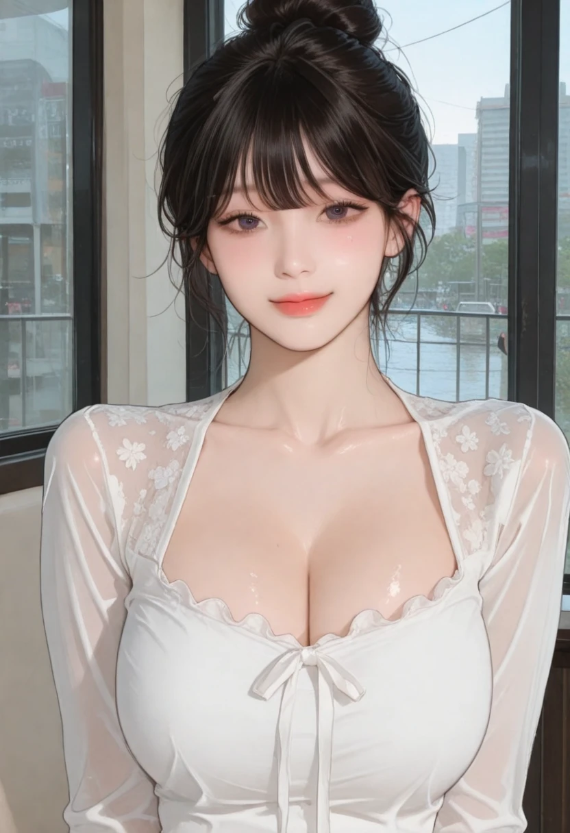 (masterpiece:1.3, Highest quality, Ultra-high resolution, Super detailed), (Realistic, photoRealistic:1.4), Perfect lighting, colorful, Depth of written boundary, Browsing Caution, Surrealism,((Beautiful detailed hair, Beautifully detailed face, Beautiful fine details, Beautiful clavicle, Beautiful body, thin脚,Beautiful breasts, Beautiful feet, Beautiful Hands, thin, 1 girl, Perfect Face, Perfect Anatomy, Supermodel with a long neck,((Skinny1.3)),looking at the camera,(Perfect Anatomy, Highly detailed skin), Shiny skin,((beautiful girl:1.1)),(( large breasts:1.3)),(Mid-length hair:1.4, Wavy Hair:1.2, Black Hair) ,hair over one eye,Dainty facial structure,((Happy smile:1.1 )),collared shirt,Beer ,cheers,A beautiful woman holding a beer in a stylish izakaya. The izakaya has a trendy and chic interior with warm lighting, wooden tables, and traditional Japanese decor. The woman has a friendly and relaxed expression, perfectly enjoying her time in the cozy atmosphere