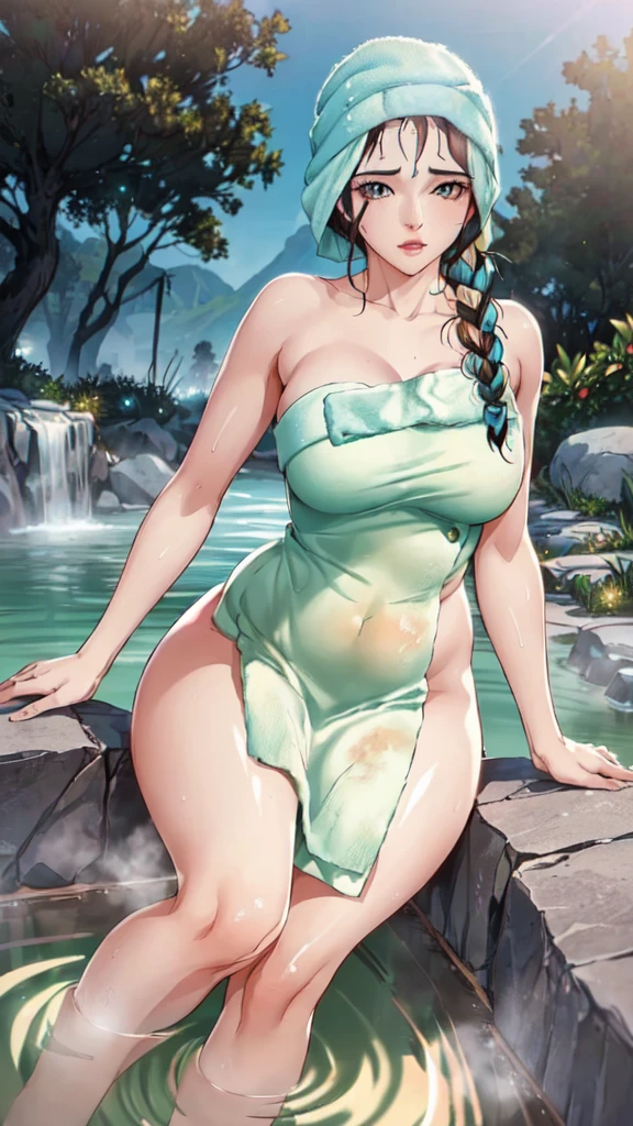 1girl, (mature female, older, huge breasts:1.4), milf, motherly, wide hips, curvy, naked towel, collarbone, lips, HDR, big ass, realistic, hyper detail,very precise detailed,ultra high resolution,extremely detailed CG unity 8k wallpaper,(Realistic,Photorealsitic,hyper realisitic:1.5), girls only, dynamic lighting, ((bold imaginative poses)), (Glossy skin:1.5), masterpiece, highest quality, disorganized, Audience,(Wearing a bath towel:1.4), (purple hair 1.4),((beautiful, fine eyes:1.3)),(wet clothes:1.4), thin, High resolution, sharp focus, Depth of the bounds written, eye for detail, clear eyes, ((Aesthetic Anime Eyes:1.4)), outdoors, sunrise sky,Open-air bath at a long-established hot spring inn,(Wearing a bath towel:1.4)