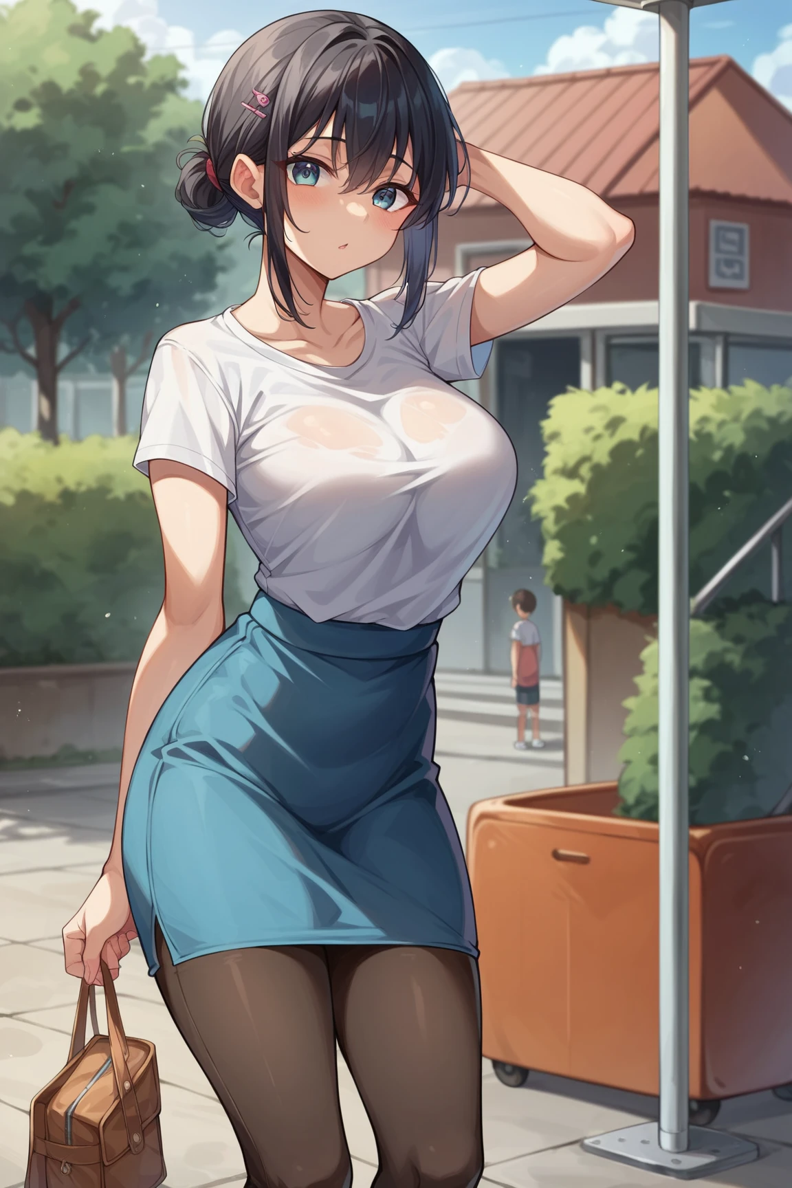 ((((ultra illustrated style:1.0)))),best quality,best animated,masterpiece,ray tracing, global illumination,front hook, open bra,1girl, solo, standing, looking at viewer, full body,outdoors <lora:front hook:0.7>